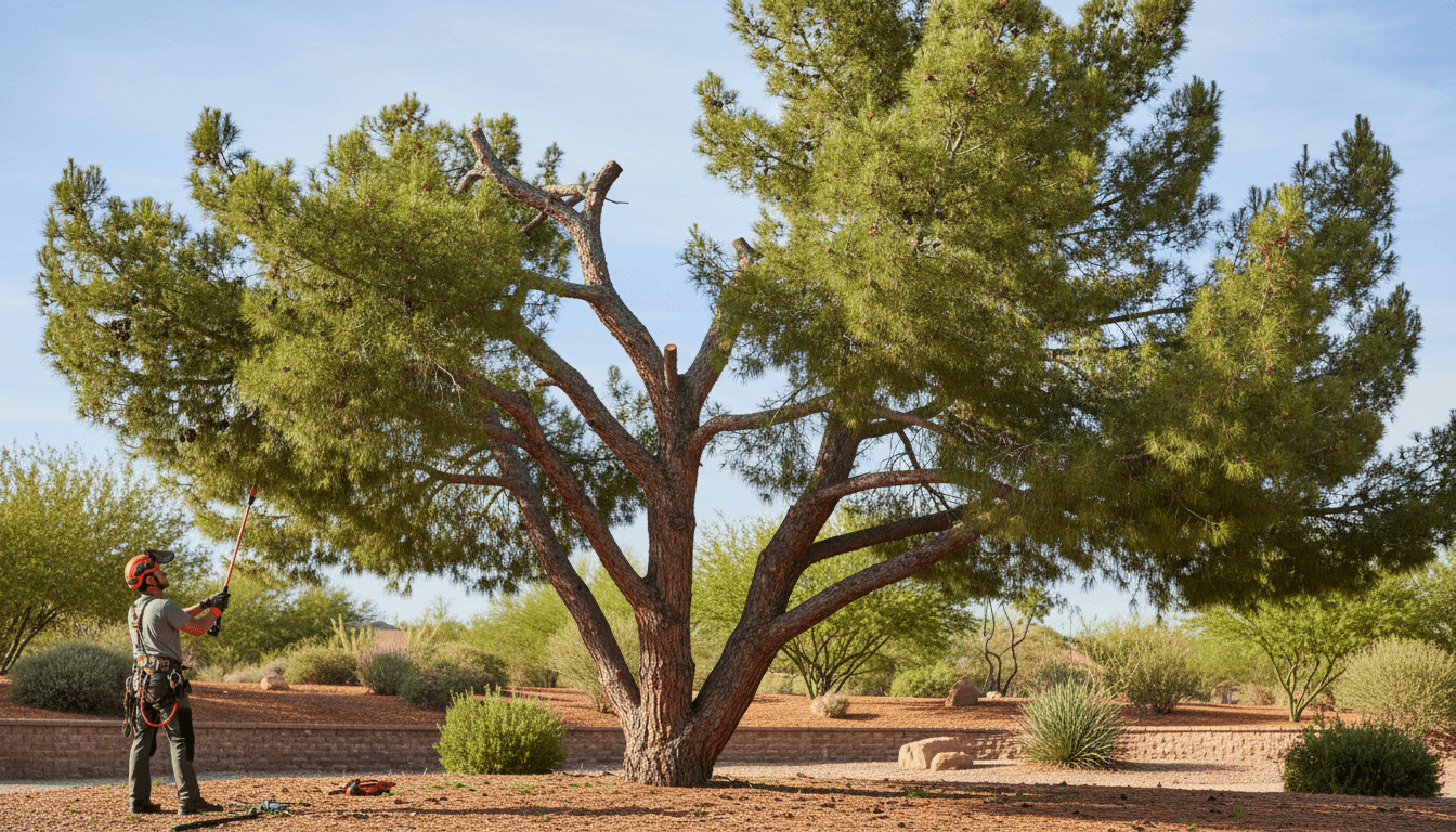 Professional tree trimming service in Glendale with freshly pruned pine tree