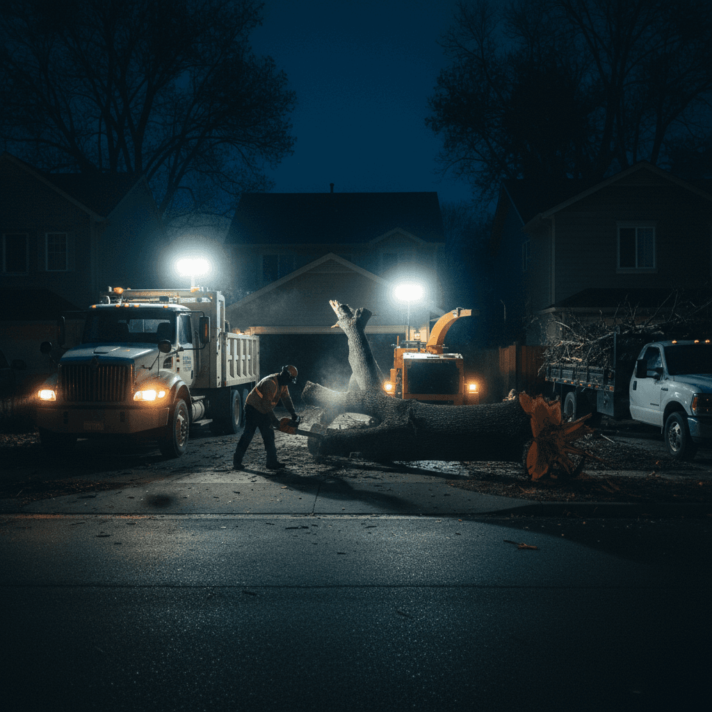 Emergency tree removal at night with floodlights