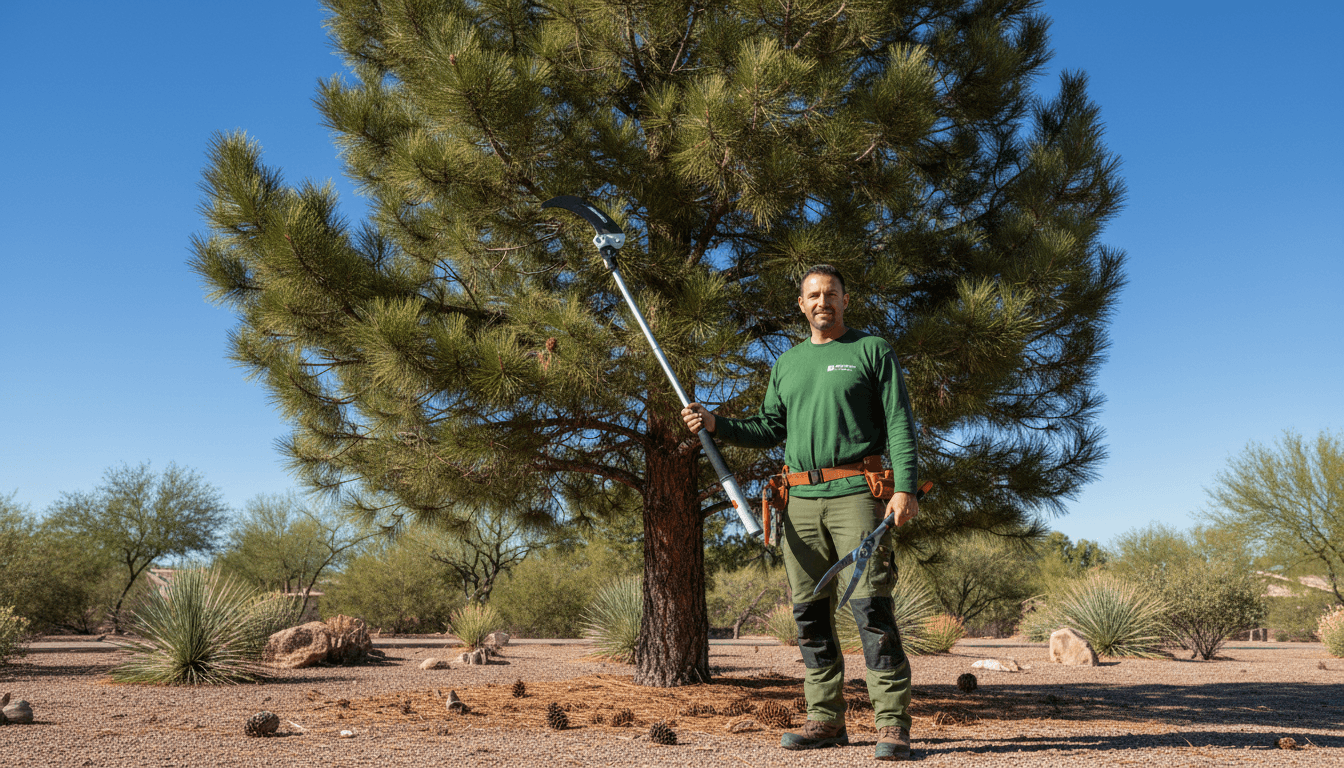 Arborist Mike with pruning tools beside a healthy pine tree in Arizona