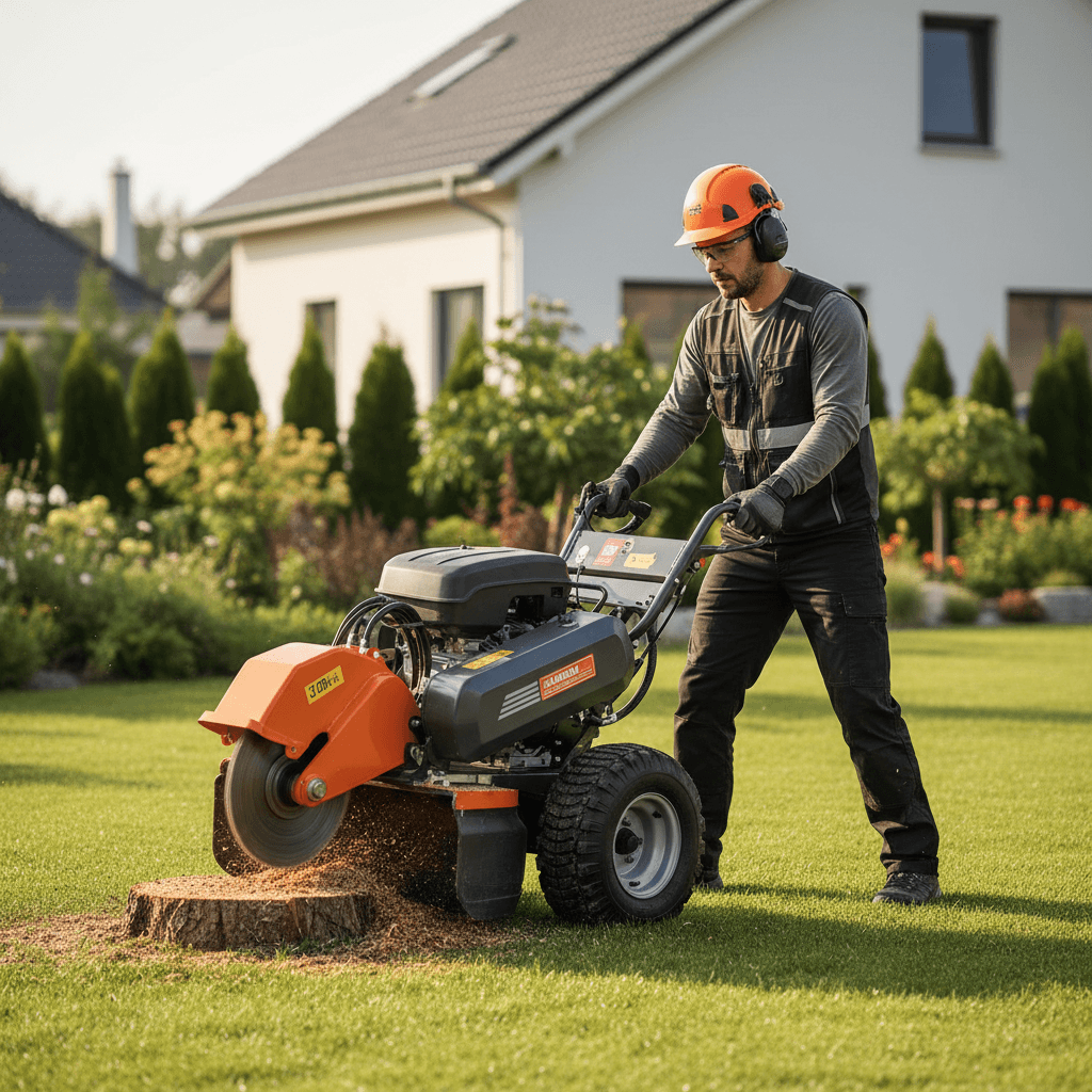 Professional stump grinder operator demonstrating equipment expertise