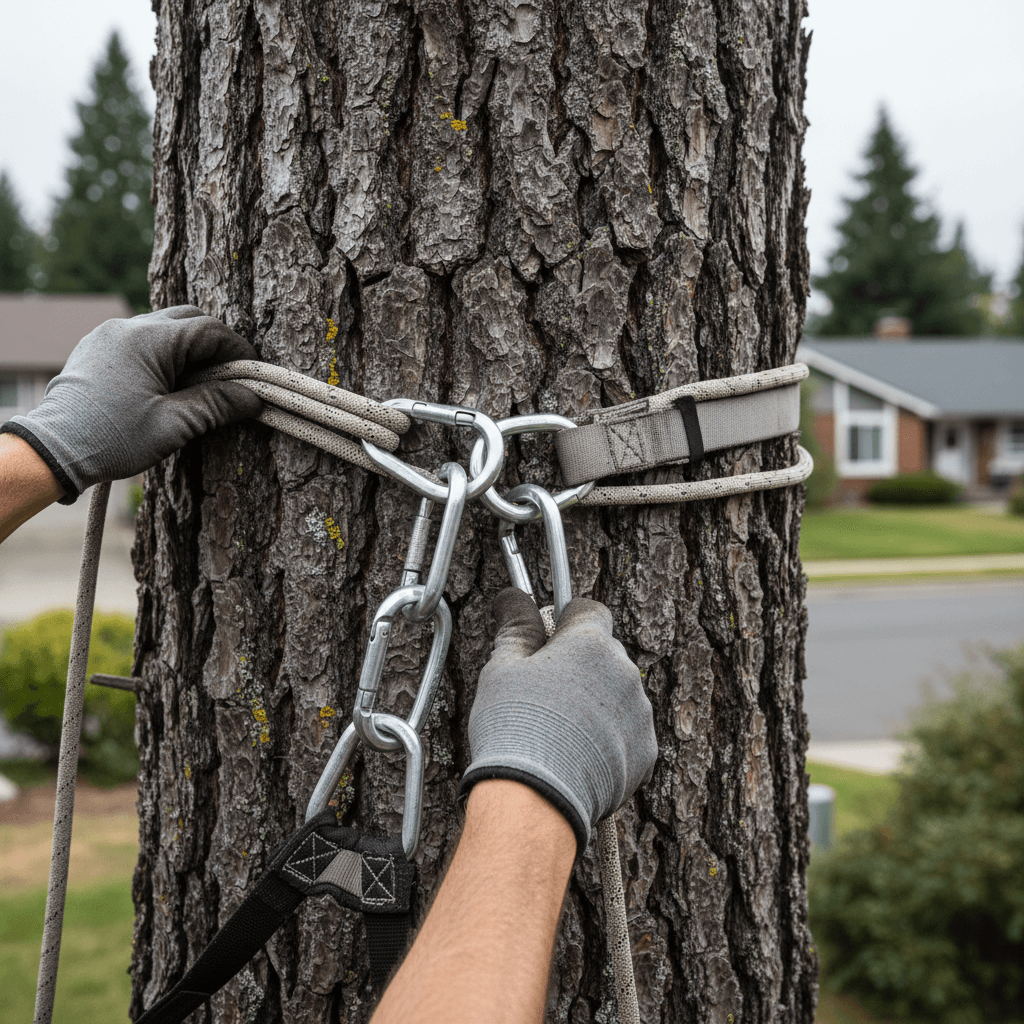 Arborist securing safety equipment on tree trunk
