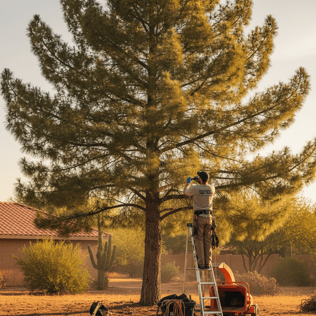 Specialist examining a pine tree for health and preservation