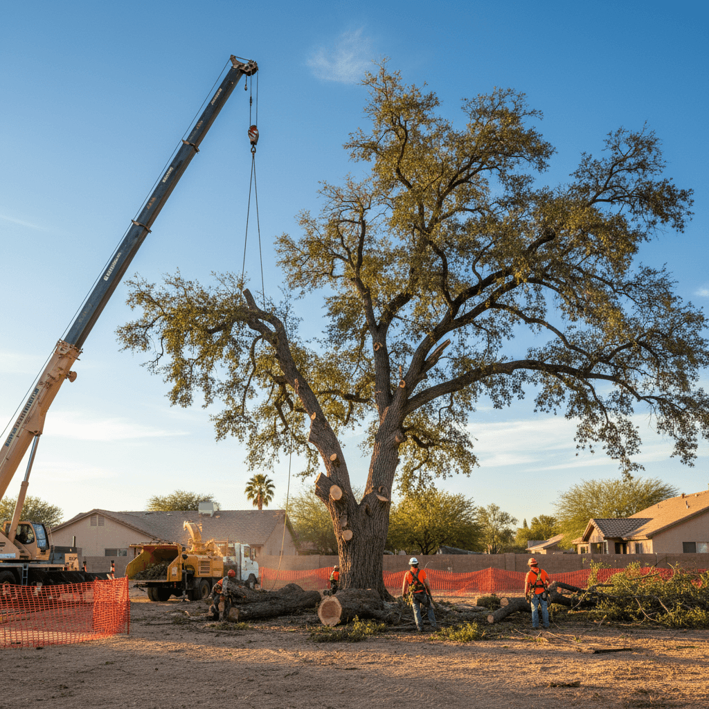 Professional tree removal in progress with safety equipment