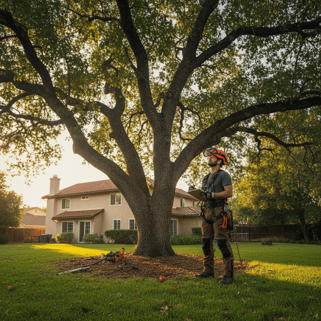 Arborist conducting free tree removal estimate in Glendale yard