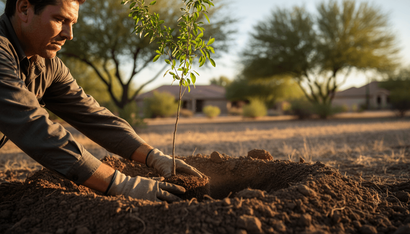 Professional arborist carefully planting a young tree in prepared soil with focused technique