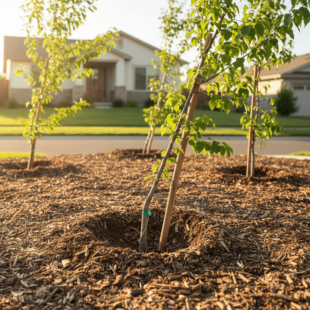 Newly planted trees filtering air in residential landscape