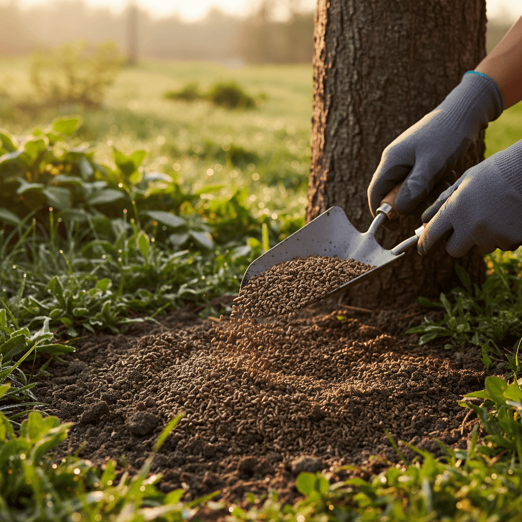 Fertilizer application to soil around tree base