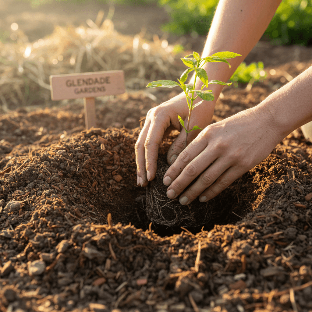 Hands planting a young tree in prepared soil