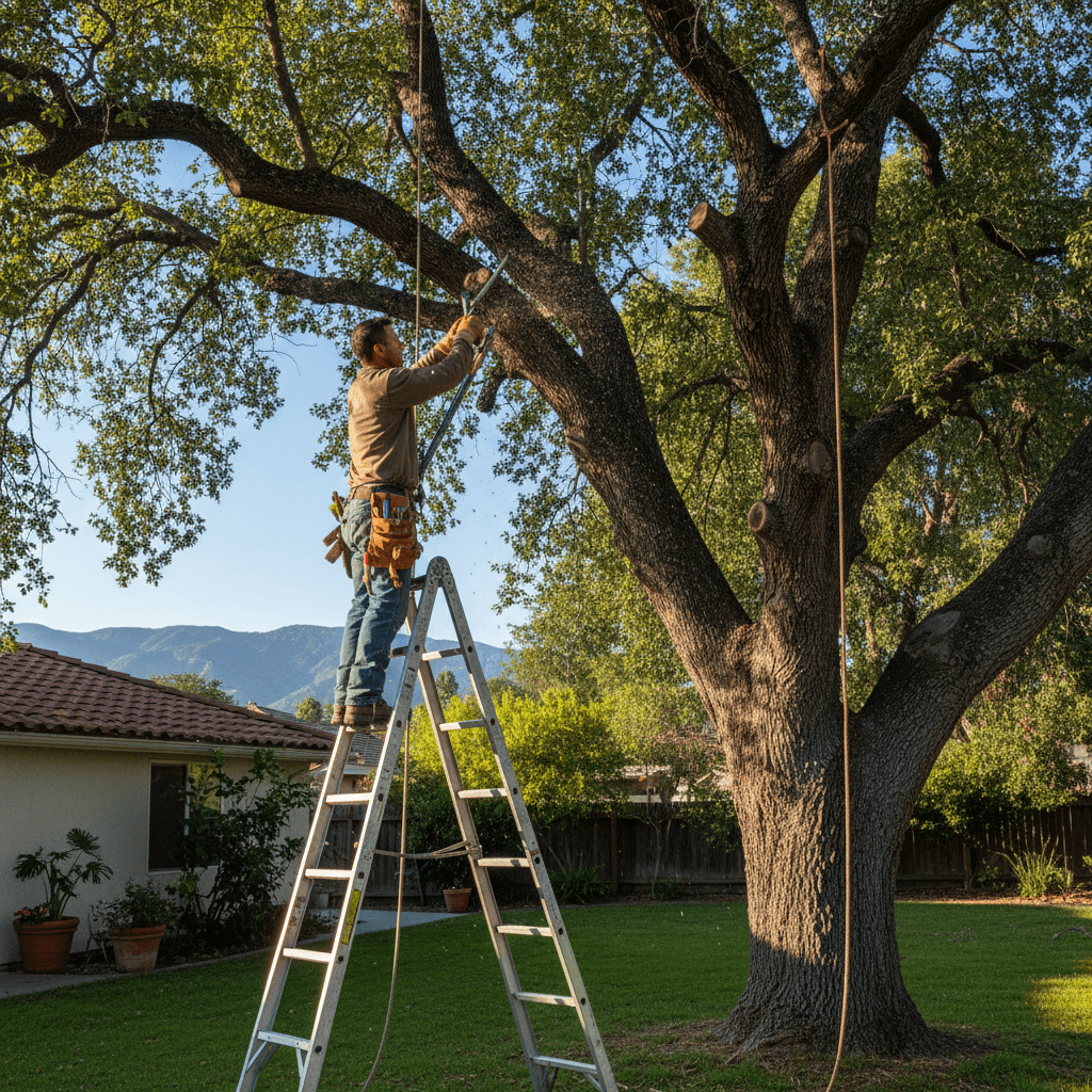 Professional trimming a large tree with pruning shears