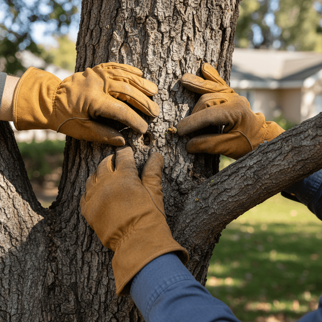 Close-up of arborist examining tree health and condition