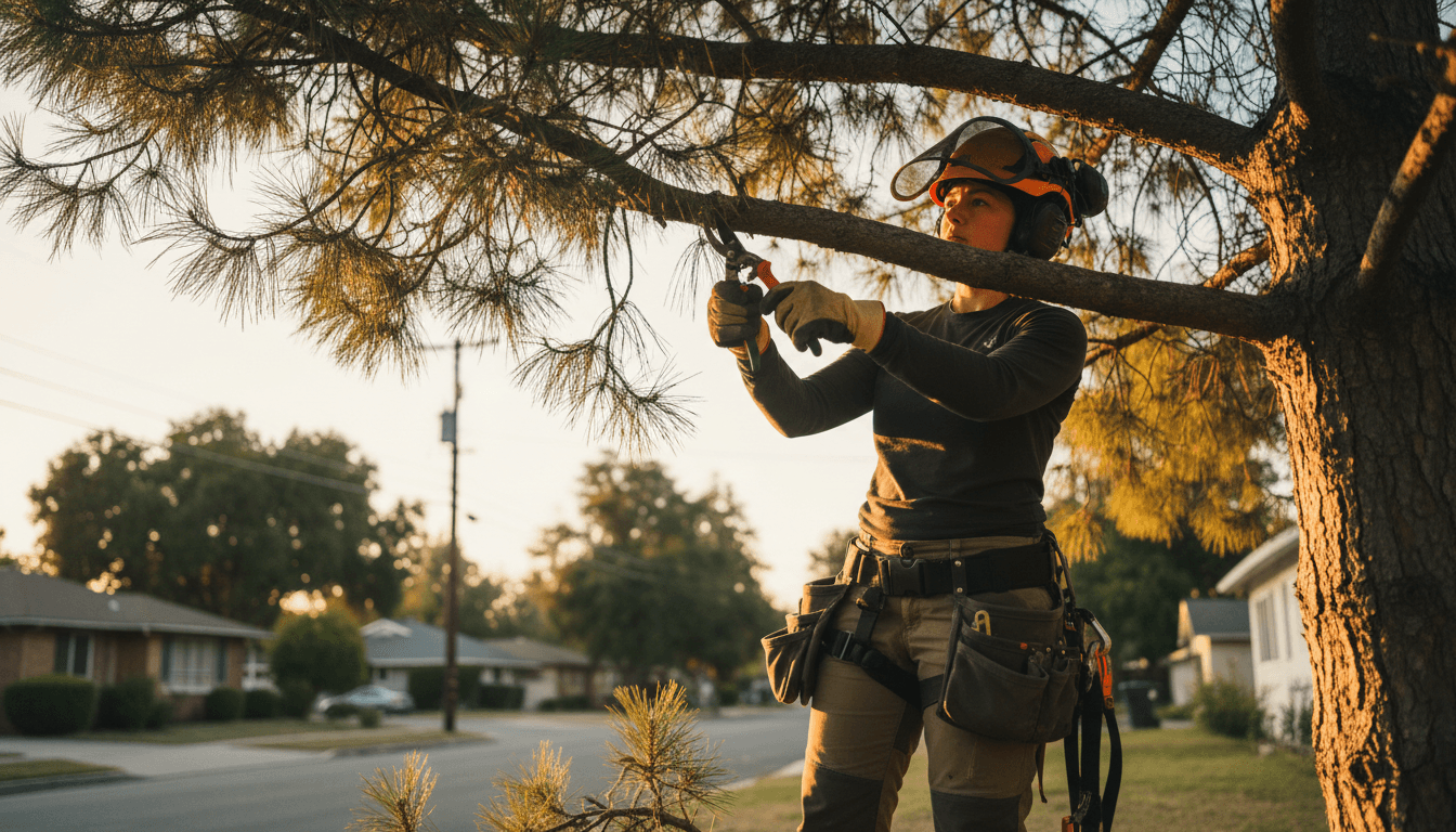 Tree care professional in Glendale pruning a pine tree with precision hand tools