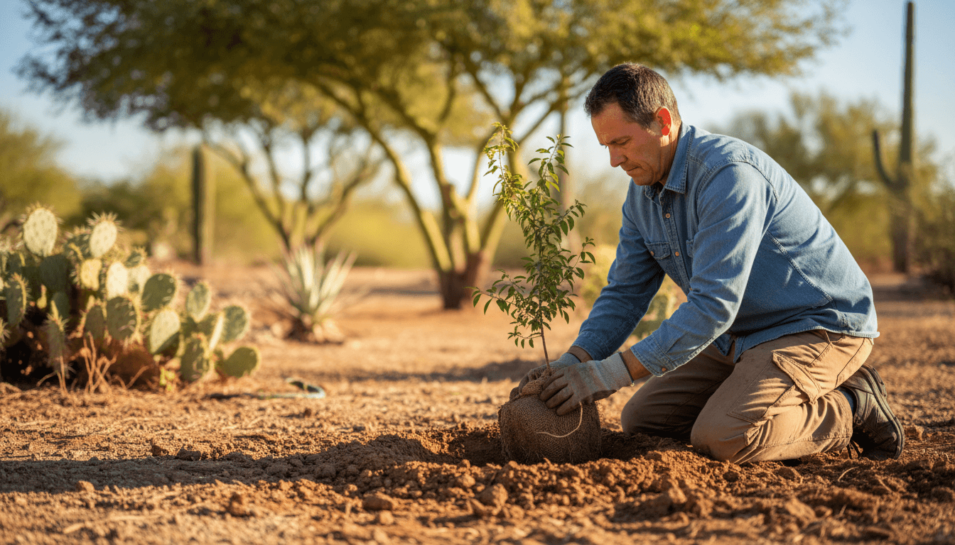 Landscape professional carefully planting a young tree in Arizona soil
