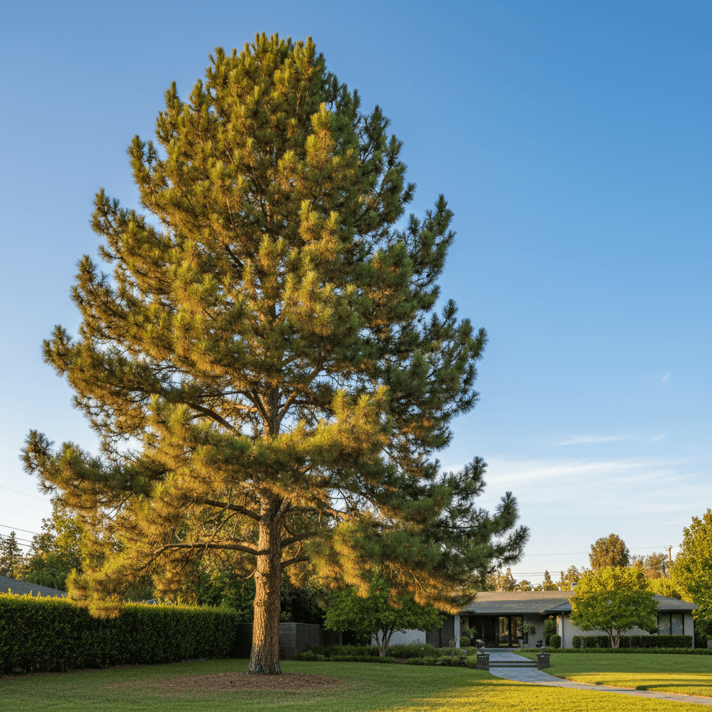Healthy, well-maintained pine tree in residential landscape