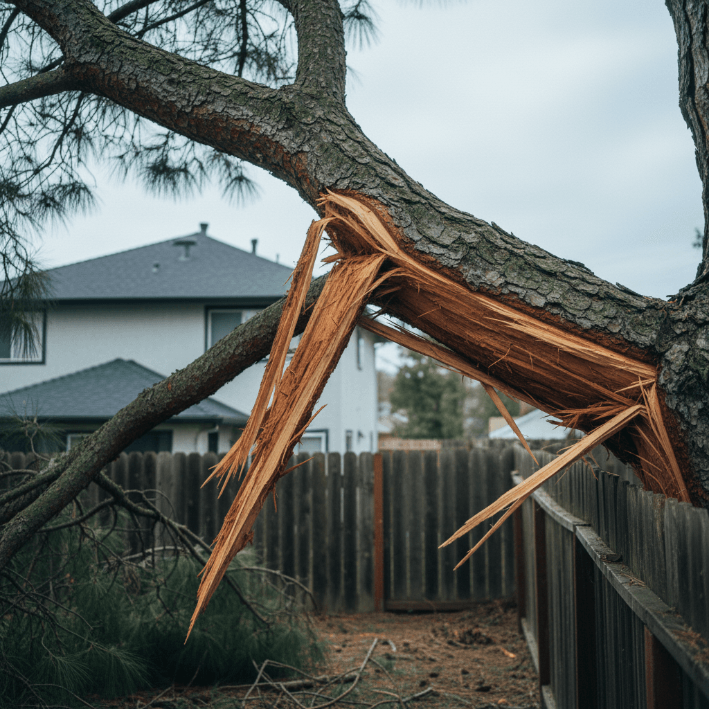 Fallen storm-damaged tree branch hanging from tree