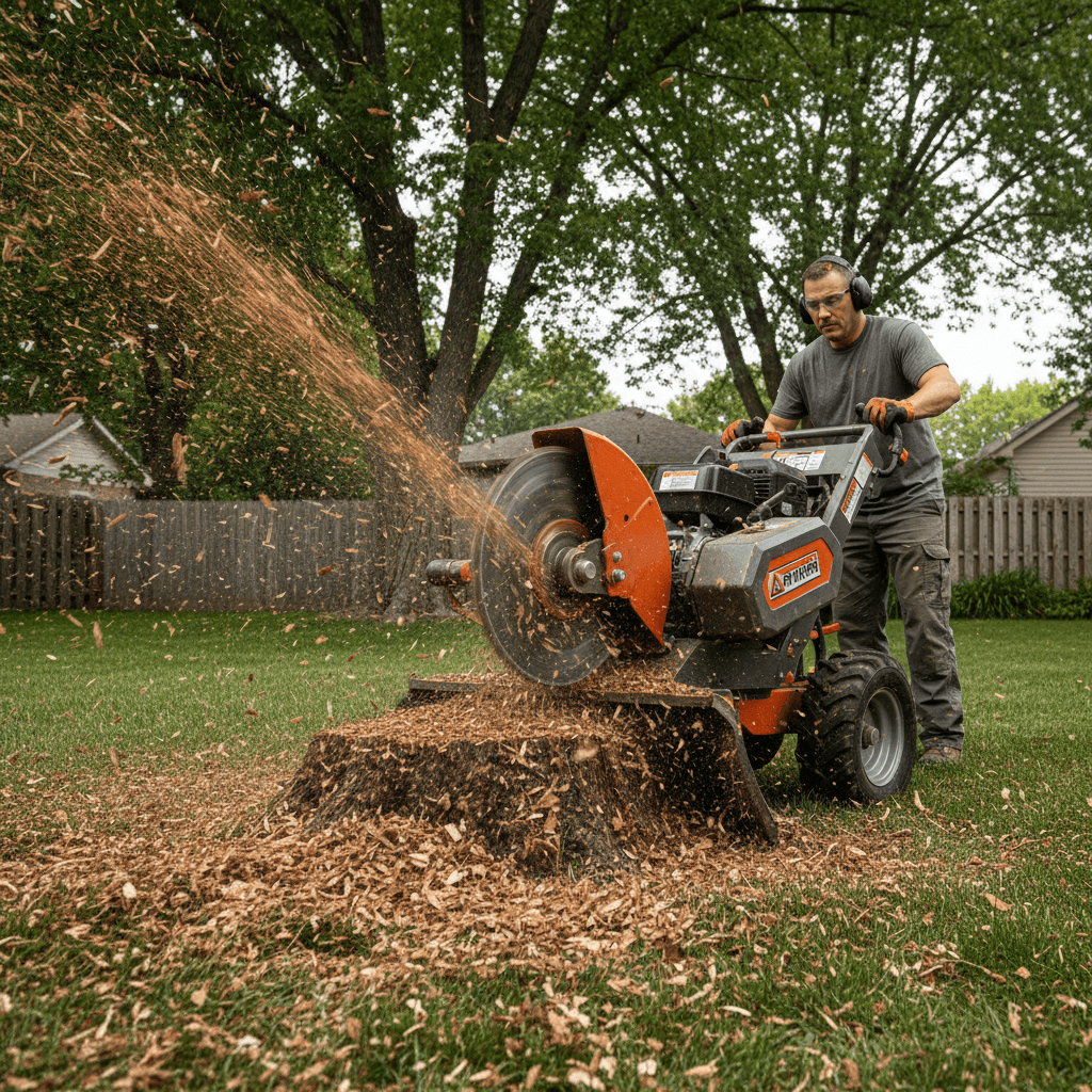 Stump grinder in active operation removing a large stump