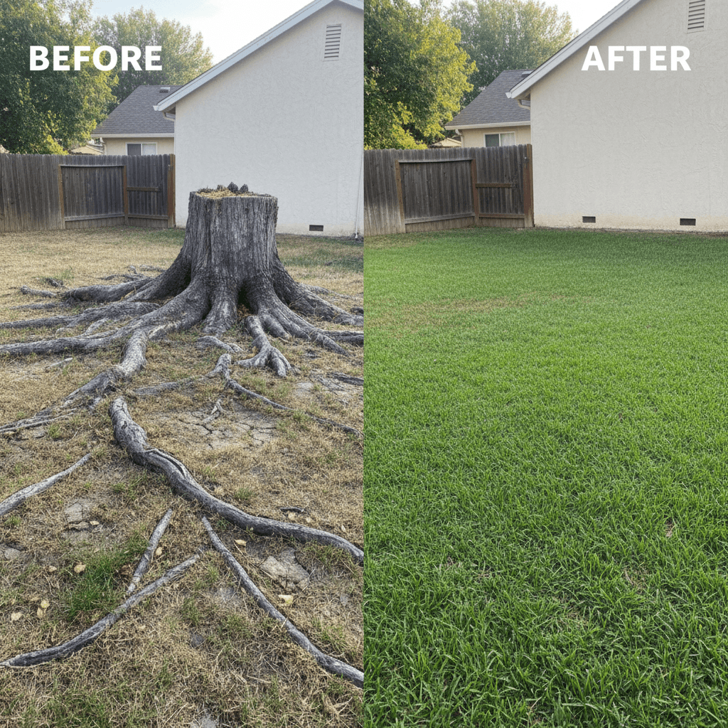 Backyard stump removal before and after