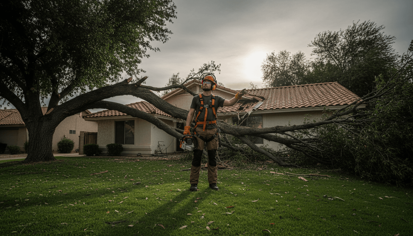 Arborist assessing emergency storm damage to residential property in Glendale