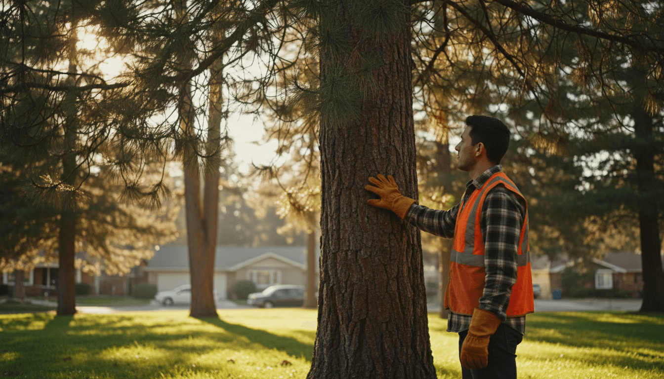 Tree care professional inspecting a healthy pine tree in Glendale