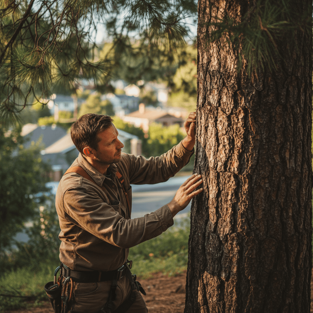 Arborist examining pine tree bark to assess health