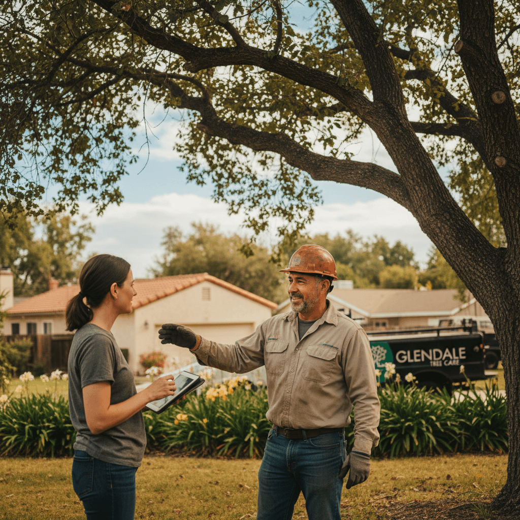 Tree service professional consulting with homeowner