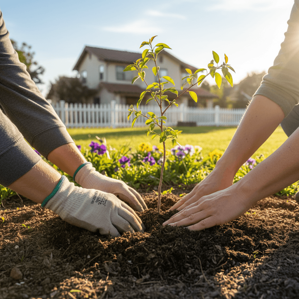 Freshly planted young tree with hands positioning in soil