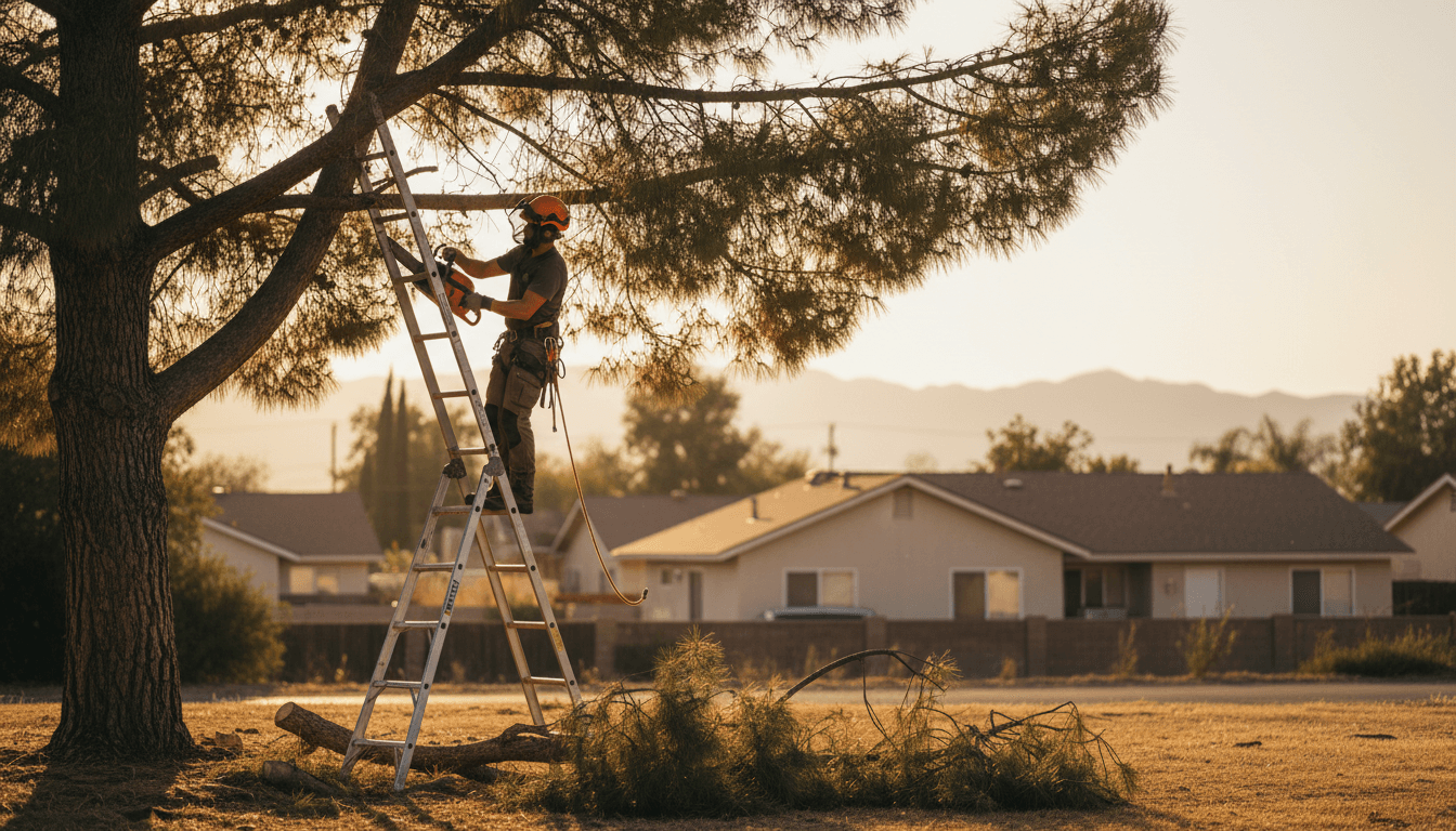 Professional arborist trimming a large pine tree in Glendale during golden hour
