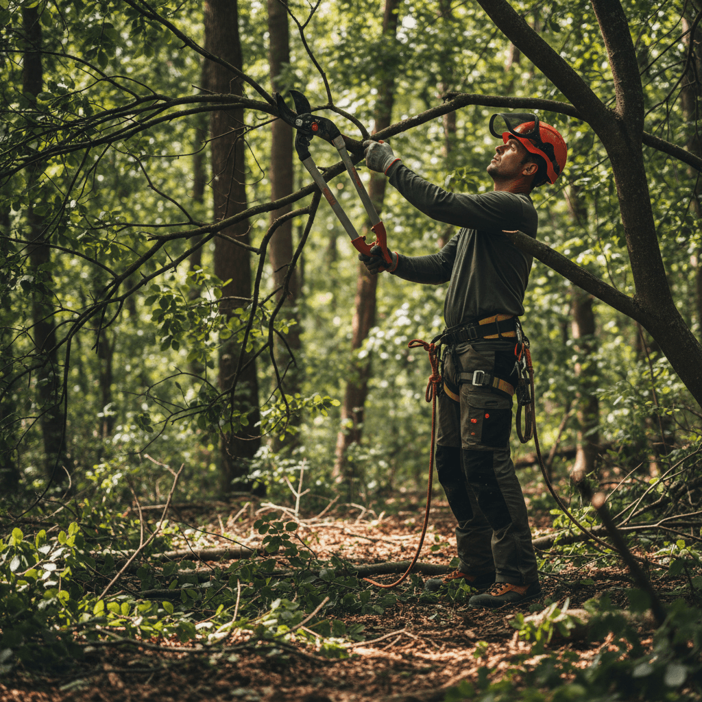 Arborist pruning tree branches with hand shears