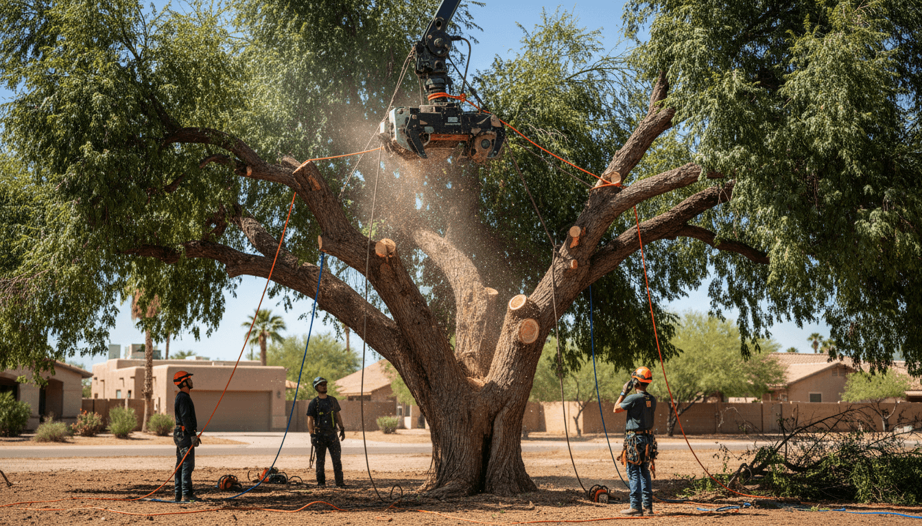 Professional arborist safely removing a large tree using precision equipment in Glendale