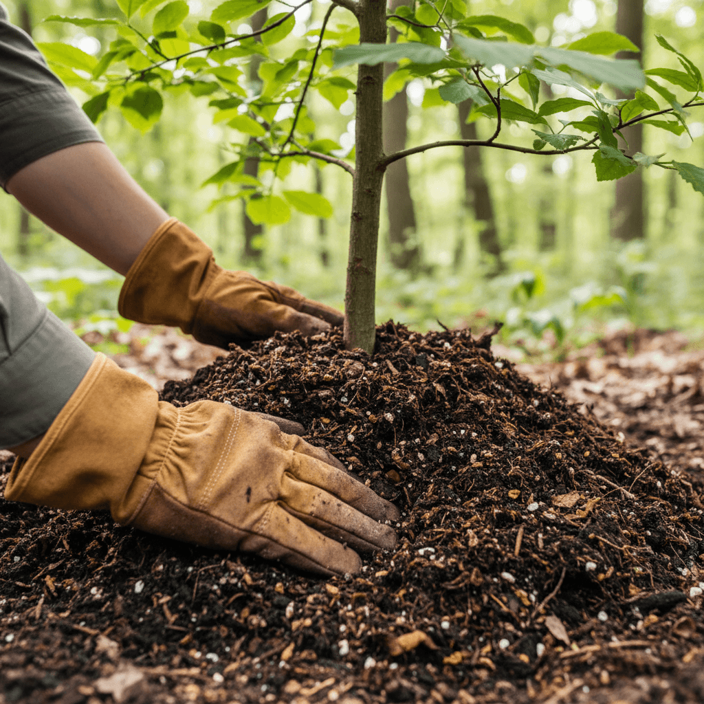 Fertilizing soil being applied to tree base