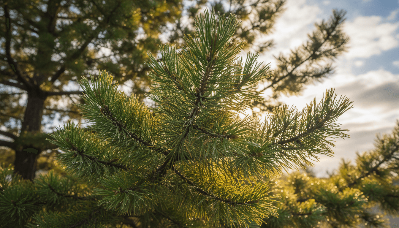 Close-up of healthy green pine tree needles with morning light filtering through the branches