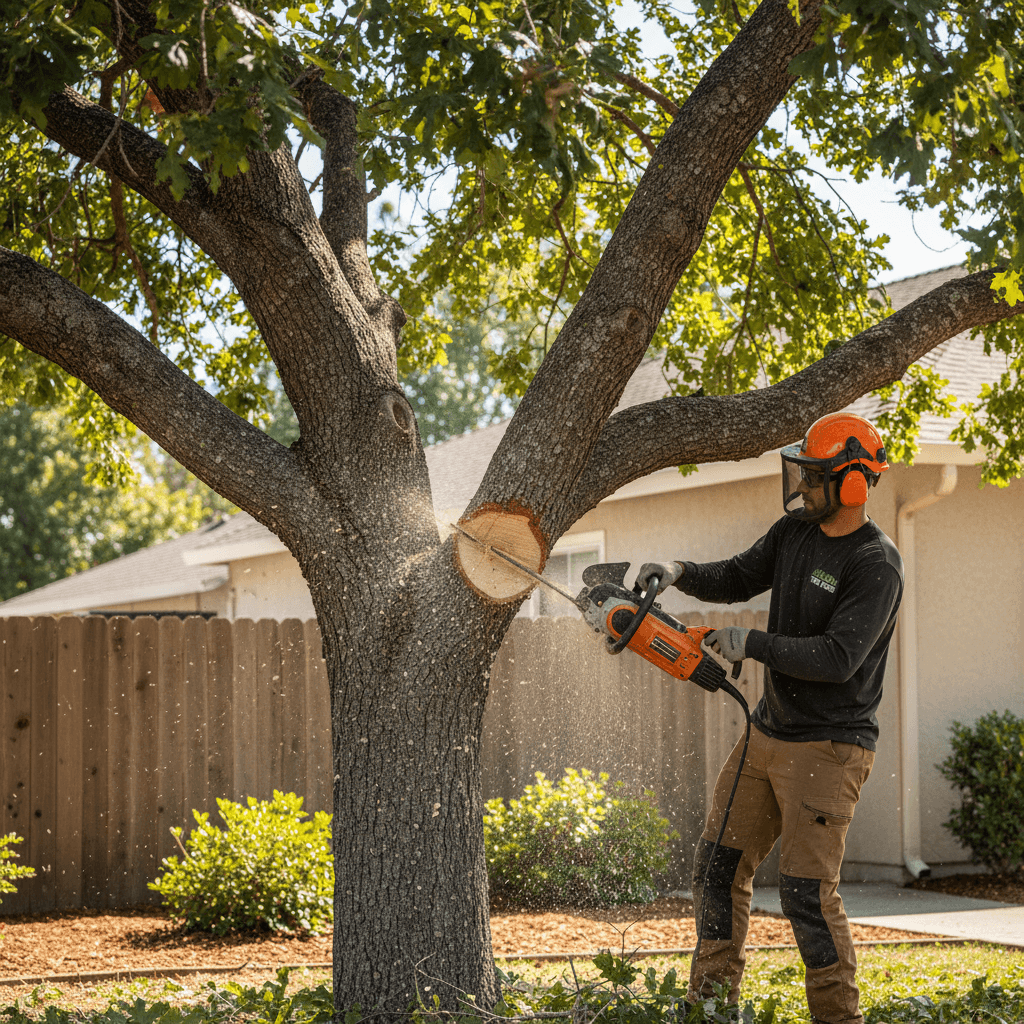 Tree service technician trimming branch from residential tree