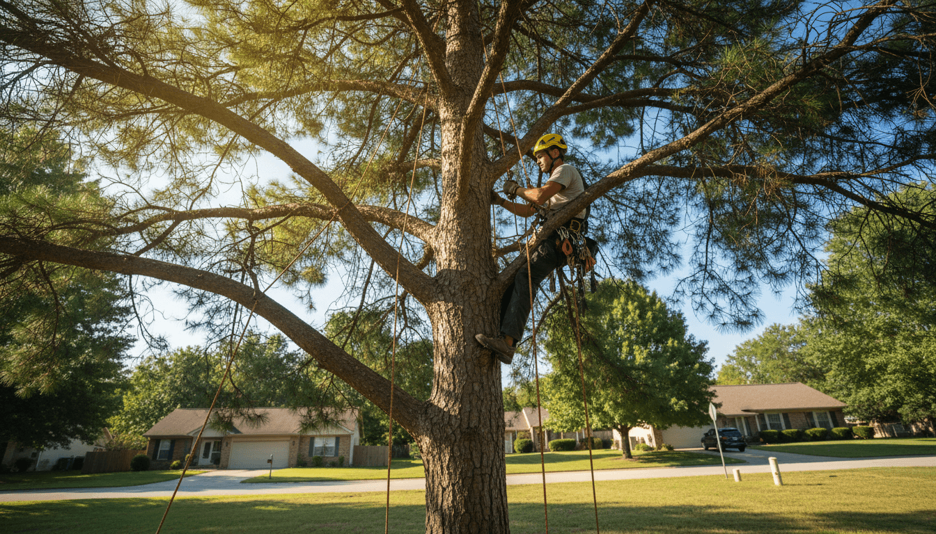 Professional arborist in safety gear climbing a tall tree during removal work in Glendale