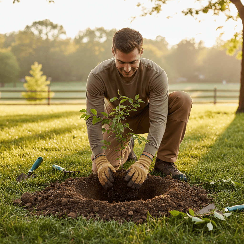 Professional planting a young tree in prepared soil