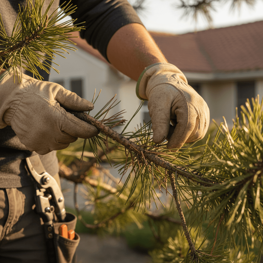 Close-up of hands examining a tree branch for disease