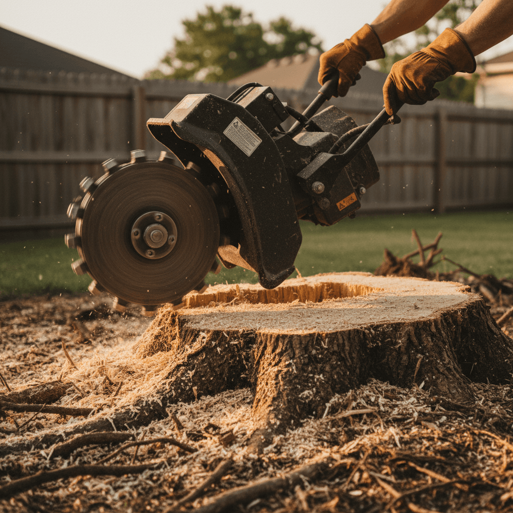 Close-up of stump grinder with operator hands and gloves processing wood chips from removed tree base
