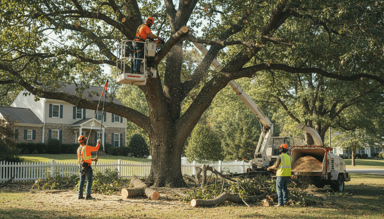 Professional tree care crew using elevated lift and pruning tools to trim large mature tree at residential property
