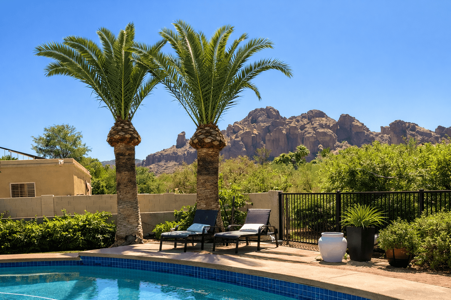 Two palm trees and lounge chairs by a pool with rocky desert mountains behind.